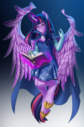 Size: 2267x3416 | Tagged: safe, artist:jay-kuro, derpibooru import, twilight sparkle, twilight sparkle (alicorn), alicorn, anthro, unguligrade anthro, book, cape, clothes, dress, evening gloves, flying, gloves, magic, solo, stars, telekinesis