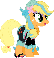 Size: 356x385 | Tagged: safe, artist:selenaede, artist:user15432, applejack, earth pony, pony, bandana, base used, crossover, female, jewelry, lagoona blue, mare, mattel, monster high, necklace, pink flowers, sandals, sea creature, sea monster