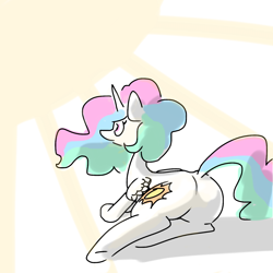 Size: 1280x1280 | Tagged: safe, artist:pencilbrony, princess celestia, alicorn, pony, butt, female, mare, plot, prone, rear view, simple background, solo, sun, sunbutt, white background