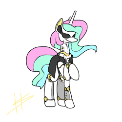 Size: 1280x1280 | Tagged: safe, artist:pencilbrony, princess celestia, alicorn, cyborg, pony, crossover, cyber pony, deus ex, female, mare, simple background, solo, sunglasses, white background