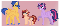 Size: 11112x5306 | Tagged: safe, artist:roses-are-gold, flash sentry, twilight sparkle, twilight sparkle (alicorn), oc, oc:ember sparks, alicorn, pegasus, pony, absurd resolution, female, filly, flashlight, male, offspring, parent:flash sentry, parent:twilight sparkle, parents:flashlight, shipping, straight, two toned wings, wings