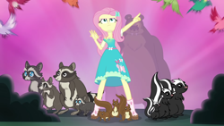 Size: 1920x1080 | Tagged: safe, screencap, fluttershy, smoky, smoky jr., softpad, bear, raccoon, skunk, squirrel, better together, equestria girls, stressed in show, stressed in show: fluttershy, animal, animation error, geode of fauna, sunburst background