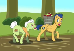 Size: 1280x884 | Tagged: safe, artist:fuzzgod5, flash sentry, granny smith, pony, atg 2020, newbie artist training grounds