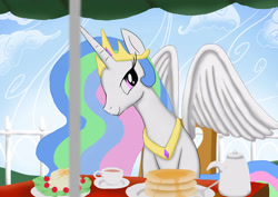 Size: 3508x2480 | Tagged: safe, artist:neoshrek, princess celestia, alicorn, pony, crown, food, jewelry, pancakes, peytral, regalia, sitting, solo, spread wings, wings