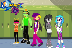 Size: 900x600 | Tagged: safe, artist:trungtranhaitrung, dj pon-3, octavia melody, vinyl scratch, equestria girls, blushing, charmy bee, crossover, espio the chameleon, humanized, logo, sonic the hedgehog, sonic the hedgehog (series), vector the crocodile