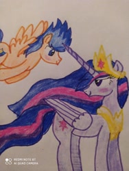 Size: 3000x4000 | Tagged: safe, artist:kucysia123, flash sentry, princess twilight 2.0, twilight sparkle, twilight sparkle (alicorn), alicorn, pegasus, pony, the last problem, female, flashlight, jewelry, male, regalia, shipping, straight, traditional art, watermark