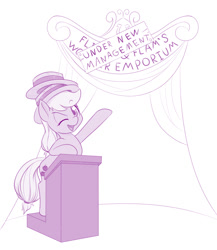 Size: 800x920 | Tagged: safe, artist:dstears, applejack, earth pony, pony, female, hat, lectern, looking at you, mare, monochrome, one eye closed, open mouth, pointing, purple, smiling, solo, wink