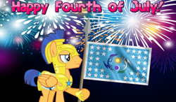 Size: 2064x1204 | Tagged: safe, artist:not-yet-a-brony, flash sentry, 4th of july, armor, banner, equestrian flag, fireworks, flag, flag pole, flag waving, holiday, independence day, patriotic, patriotism, royal guard, royal guard armor, spear, weapon
