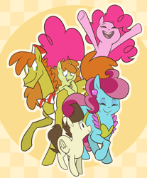 Size: 936x1128 | Tagged: safe, artist:egophiliac, part of a set, carrot cake, cup cake, pinkie pie, pound cake, pumpkin cake, earth pony, pegasus, pony, unicorn, abstract background, cake family, cake twins, colt, description is relevant, eyes closed, family, female, filly, male, mare, older, open mouth, raised hoof, slice of pony life, stallion, story included, twins
