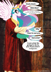 Size: 507x722 | Tagged: safe, edit, princess celestia, oc, oc:celestai, alicorn, pony, fanfic:friendship is optimal, artificial intelligence, atheism, background pony strikes again, christianity, christlestia, jesus christ, knock knock joke, knocking on door, meme, the superstitious naked ape, this will end in tears, xk-class end-of-the-world scenario