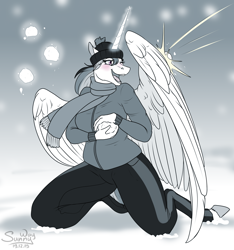 Size: 1000x1067 | Tagged: safe, artist:sunny way, princess celestia, alicorn, anthro, pony, feather, fun, horn, magic, open mouth, playing, snow, snowball, snowball fight, solo, wings, winter