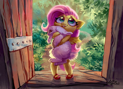 Size: 3031x2204 | Tagged: safe, artist:holivi, fluttershy, anthro, pegasus, plantigrade anthro, rabbit, carrying, clothes, cute, daaaaaaaaaaaw, female, filly, filly fluttershy, hnnng, holivi is trying to murder us, hug, precious, shyabetes, smiling, solo, sweet dreams fuel, weapons-grade cute, younger