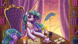 Size: 3840x2160 | Tagged: safe, artist:pitchyy, princess celestia, alicorn, pony, book, bookshelf, candle, chair, crown, cup, female, hoof shoes, inkwell, jewelry, looking at you, magic, magic aura, mare, office, peytral, quill, regalia, scroll, sitting, solo, teacup, telekinesis, window