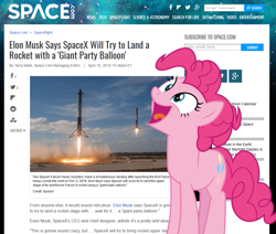 Size: 1061x901 | Tagged: safe, pinkie pie, earth pony, pony, celestial advice, balloon, falcon heavy, obligatory pony, rocket, spacex, website