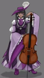 Size: 1415x2498 | Tagged: safe, artist:zabchan, octavia melody, human, bard, cello, clothes, dress, dungeons and dragons, fantasy, fantasy class, garb, hat, humanized, medieval, music notes, musical instrument, pimp hat, solo