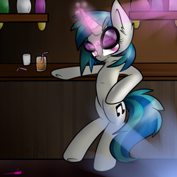 Size: 1000x1000 | Tagged: safe, artist:ashee, dj pon-3, vinyl scratch, pony, bar, bipedal, drink, magic, solo