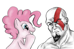 Size: 900x600 | Tagged: safe, artist:neroscottkennedy, pinkie pie, human, crossover, god of war, grin, kratos, looking at each other, simple background, smiling, unamused, white background