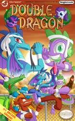 Size: 1200x1920 | Tagged: safe, artist:berrypawnch, derpibooru import, crackle, garble, princess ember, rarity, spike, twilight sparkle, dragon, pony, unicorn, beefspike, bloodstone scepter, box art, double dragon, nintendo, nintendo entertainment system, parody, video game cover