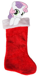 Size: 851x1634 | Tagged: safe, artist:creshosk, edit, sweetie belle, christmas, christmas stocking, cute, diasweetes, leaning, looking at you, peekaboo, peeking, simple background, smiling, sock, solo, white background