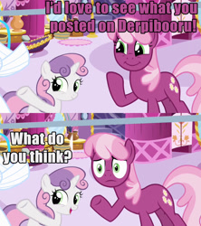 Size: 1280x1440 | Tagged: safe, cheerilee, sweetie belle, caption, comic, derpibooru, meta, text, why