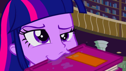 Size: 1280x720 | Tagged: safe, derpibooru import, screencap, twilight sparkle, equestria girls, :3, bibliovore, book, drool, faic, humans doing horse things, lidded eyes, mouth hold, nom, raised eyebrow, solo, that pony sure does love books