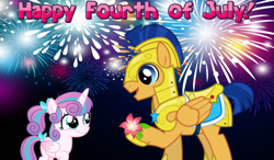 Size: 2064x1204 | Tagged: safe, artist:not-yet-a-brony, edit, flash sentry, princess flurry heart, alicorn, pegasus, pony, 4th of july, armor, bow, dawwww, female, filly, fireworks, flower, friendship, gift art, heartwarming, holiday, knight, looking at each other, male, night, older, older flurry heart, ponytail, present, princess, royal guard, royal guard armor, smiling, stallion, uncle flash, wholesome