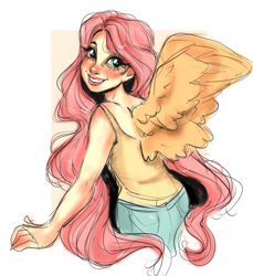 Size: 833x908 | Tagged: safe, artist:cerutwidraws, fluttershy, human, clothes, denim, humanized, looking at you, red nosed, shirt, simple background, smiling, t-shirt, winged humanization, wings