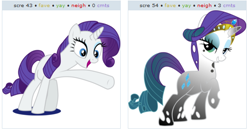 Size: 530x280 | Tagged: safe, derpibooru import, rarity, changeling, pony, unicorn, derpibooru, exploitable meme, juxtaposition, juxtaposition win, meme, meta, reaction