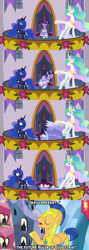 Size: 1280x3600 | Tagged: safe, flash sentry, princess celestia, princess luna, twilight sparkle, twilight sparkle (alicorn), alicorn, pegasus, pony, the last problem, armor, caption, clothes, coronation, coronation dress, deadpan snarker, dress, how embarrassing, jewelry, majestic as fuck, regalia, royal guard, royal guard armor, second coronation dress, the future ruler of equestria, tripping, whoops