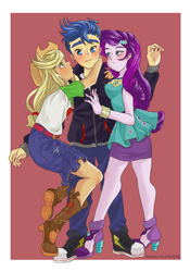 Size: 1418x2030 | Tagged: safe, artist:hooniru, applejack, flash sentry, rarity, better together, equestria girls, applejack's hat, arm around neck, beautiful hair, bedroom eyes, belt, blushing, boots, bracelet, clothes, commission, converse, cowboy hat, denim skirt, embarrassed, female, flash sentry gets all the waifus, flashjack, hair, hand on chest, hat, high heels, holding, hoodie, jacket, jewelry, legs, lidded eyes, loving gaze, lucky bastard, male, pants, pencil skirt, polyamory, rariflashjack, sentrity, shipping, shoes, skirt, straight, surrounded, sweat, sweatdrop, touch