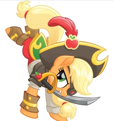 Size: 816x870 | Tagged: safe, artist:unicornsmile, applejack, earth pony, pony, my little pony: the movie, applebucking, female, freckles, hat, mare, pirate hat, simple background, solo, sword, weapon, white background