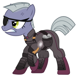 Size: 2240x2240 | Tagged: safe, artist:cheezedoodle96, limestone pie, pony, the cutie re-mark, .svg available, 1970s, alternate hairstyle, alternate timeline, ammunition, angry, armor, big boss, crystal war timeline, eyepatch, female, foxhound, injured, mare, metal gear, metal gear solid portable ops, mohawk, parody, rock, saddle bag, simple background, solid snake, solo, svg, vector, white background