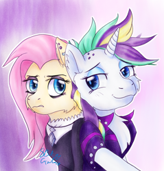 Size: 2894x3024 | Tagged: safe, artist:8bitgalaxy, fluttershy, rarity, pegasus, pony, unicorn, alternate hairstyle, cheek fluff, couple, duo, female, flarity, fluttergoth, lesbian, looking at you, punk, raripunk, selfie, shipping, signature, simple background