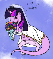 Size: 900x1004 | Tagged: safe, artist:slamjam, derpibooru import, twilight sparkle, dinosaur, velociraptor, bouquet, clothes, context is for the weak, dress, flower, not salmon, solo, species swap, wat, wedding dress, wedding veil