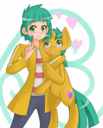 Size: 809x1000 | Tagged: safe, artist:jonfawkes, snails, human, pony, bipedal, blushing, clothes, cute, grin, heart, hug, human ponidox, humanized, jacket, light skin, looking at you, pants, peace sign, shirt, smiling, underhoof