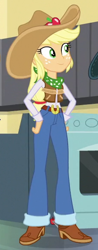 Size: 230x585 | Tagged: safe, screencap, applejack, dance magic, equestria girls, spoiler:eqg specials, belt, belt buckle, boots, clothes, cowboy boots, cowboy hat, cowgirl, cowgirl outfit, cropped, female, freckles, hat, imagine spot, jeans, outfit, pants, shoes, solo, spear, stetson, weapon