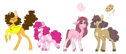 Size: 7000x3000 | Tagged: safe, artist:uunicornicc, cheese sandwich, pinkie pie, oc, oc:cookie crumble, oc:love heart, earth pony, pony, cheesepie, chest fluff, clothes, cloven hooves, coat markings, dappled, female, glasses, male, mare, missing cutie mark, next generation, offspring, one eye closed, parent:cheese sandwich, parent:pinkie pie, parents:cheesepie, piebald colouring, raised hoof, reference sheet, shipping, shirt, simple background, size difference, socks (coat marking), stallion, star (coat marking), straight, tongue out, white background