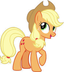 Size: 841x949 | Tagged: safe, artist:j-pinkie, applejack, earth pony, pony, cowboy hat, female, freckles, hat, mare, ms paint, open mouth, raised hoof, simple background, solo, transparent background, vector