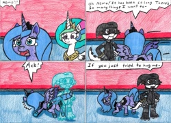 Size: 1280x922 | Tagged: safe, artist:eternaljonathan, princess celestia, princess luna, oc, oc:nemo, alicorn, dragon, pony, comic:first three back, butt, comic, crying, guardian, hologram, hug denied, plot, traditional art