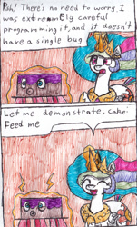 Size: 892x1480 | Tagged: safe, artist:eternaljonathan, princess celestia, alicorn, pony, comic:tasty trouble, cake, comic, food, golem, ink, levitation, magic, telekinesis, traditional art