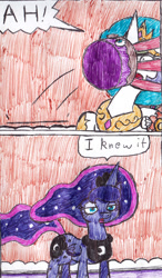 Size: 857x1469 | Tagged: safe, artist:eternaljonathan, princess celestia, princess luna, alicorn, pony, comic:tasty trouble, cake, comic, food, golem, ink, traditional art