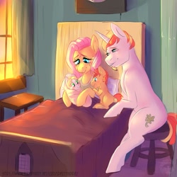 Size: 894x894 | Tagged: safe, artist:spazzyhippie, fluttershy, oc, oc:clover, oc:golden horseshoe, oc:lucky charm, pegasus, pony, unicorn, baby, baby pony, bed, canon x oc, colt, cute, family, female, filly, flucky, hospital, hospital bed, male, married couple, newborn, offspring, parent:fluttershy, parent:oc:lucky charm, parents:canon x oc, parents:flucky, swaddling