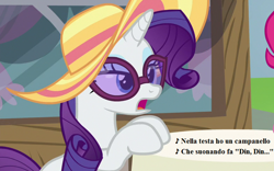 Size: 784x490 | Tagged: safe, edit, edited screencap, screencap, pinkie pie, rarity, earth pony, pony, unicorn, every little thing she does, cropped, gioacchino rossini, glasses, hangover, hat, headache, italian, l'italiana in algeri, lyrics, song reference, text