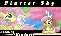 Size: 1572x946 | Tagged: safe, artist:frostyshield951, edit, angel bunny, fluttershy, pegasus, pony, angelshy, cannon, fanart, female, flower, flower in hair, interspecies, kiss on the cheek, kissing, male, pony town, river, sakura trees, shipping, straight, telling lies, text edit, wings