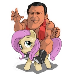 Size: 1200x1200 | Tagged: safe, artist:baigak, fluttershy, human, antonio inoki, humans riding ponies, looking at you, riding, simple background, size difference, wat, white background, wrestler