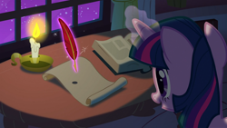 Size: 1920x1080 | Tagged: safe, derpibooru import, screencap, twilight sparkle, pony, owl's well that ends well, book, candle, feather, golden oaks library, magic, night, quill, scroll, solo, telekinesis, writing