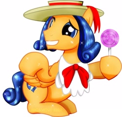 Size: 2445x2350 | Tagged: safe, alternate version, artist:jucamovi1992, flash sentry, pegasus, pony, alternate hairstyle, bowtie, candy, food, grin, hat, lollipop, nervous, nervous grin, simple background, smiling, solo