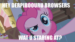 Size: 1280x720 | Tagged: safe, derpibooru import, pinkie pie, earth pony, pony, bronybait, derpibooru, fourth wall, image macro, meta, solo, stare, staring into your soul, stop it