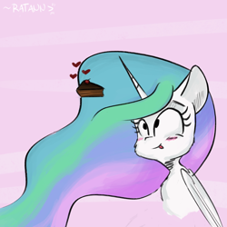 Size: 2620x2616 | Tagged: safe, artist:ratann, princess celestia, alicorn, pony, :p, blushing, bust, cake, cakelestia, cheek fluff, chocolate cake, cute, cutelestia, female, food, heart, high res, mare, portrait, solo, tongue out