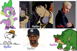 Size: 602x398 | Tagged: safe, spike, angel, dragon, buffy the vampire slayer, cowboy bebop, don bluth, meta, peanuts, snoopy, spike (buffyverse), spike (land before time), spike (peanuts), spike lee, spike spiegel, the land before time, trigger discipline